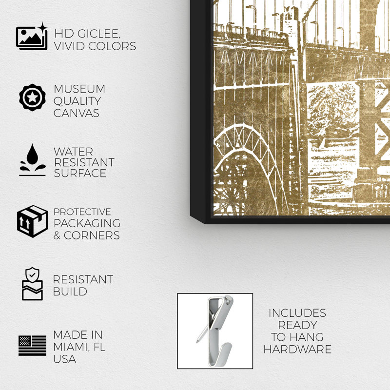 Golden Gate Architectural Reversed Gold - impression sur toile, Toile avec cadre noir