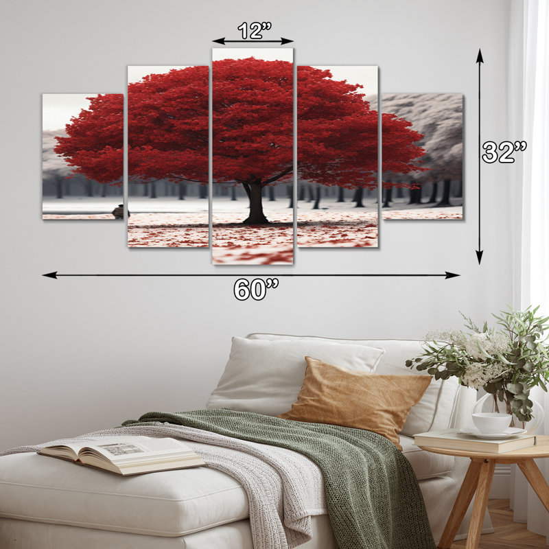 «Red and Grey Tree Solitude I», reproduction d'art sur toile - 5 panneaux