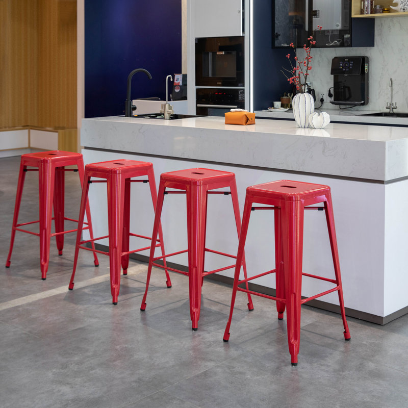 Tabouret de bar 30 pouces en métal sans dossier Chaise de comptoir empilable et robuste pour la maison, 4, Rouge