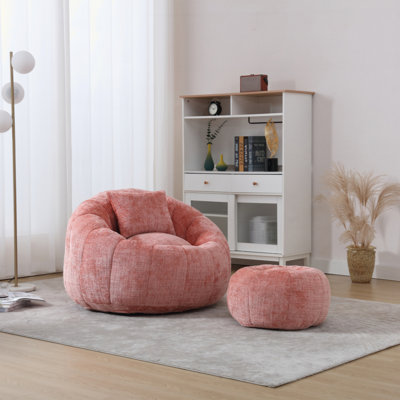Modern Bean Bag Chairs, Comfy Round Chair For Adults With Ottoman, Leisure Single Sofa Reading Chair With Pillow For Living Room, Bedroom, Apartment
