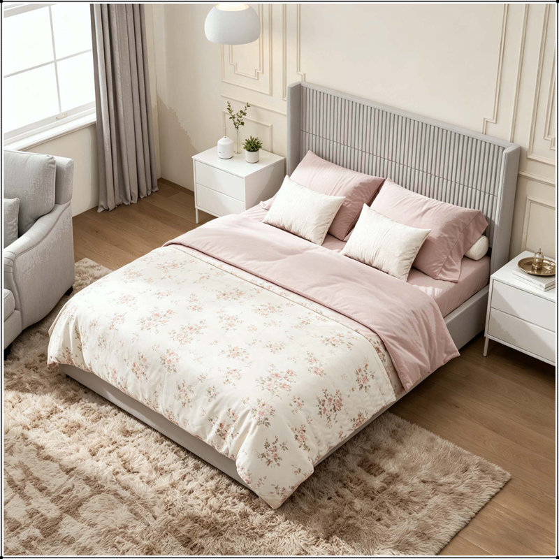Lit plateforme en bois massif avec tête de lit, Beige, Grand lit
