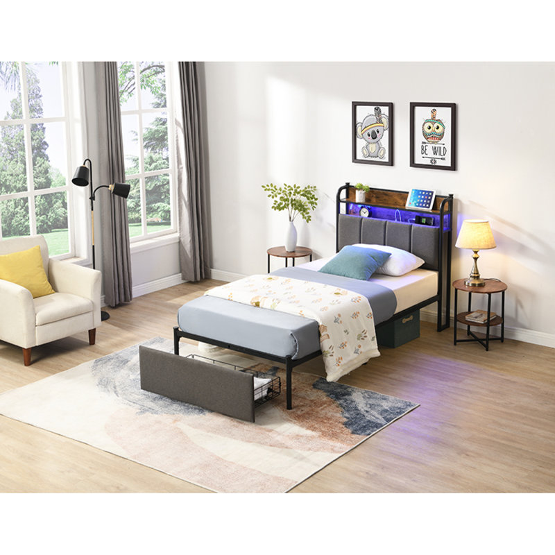 Bed Frame Frame, Storage Headboard With Charging Station, Solid And Stable, Noise Free, No Box Spring Needed, Easy Assembly