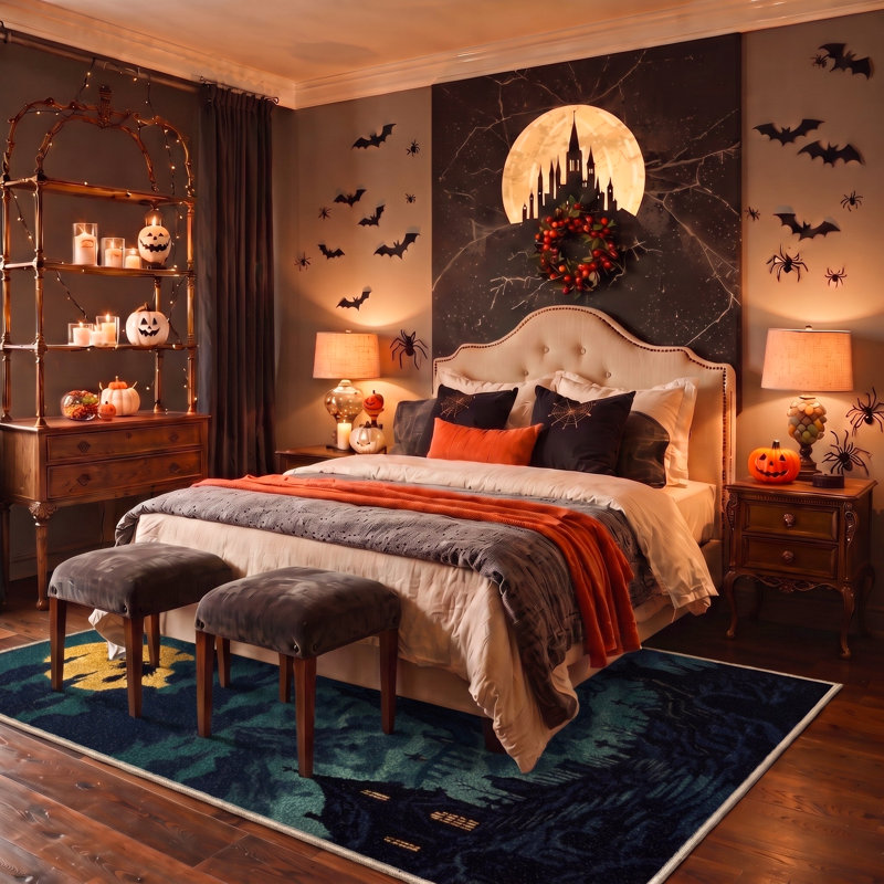 Tapis d'Halloween Château hanté, Noir/Orange, Lavable à la machine, Poils courts, Antidérapant, Rectangulaire 8 pi x 10 pi