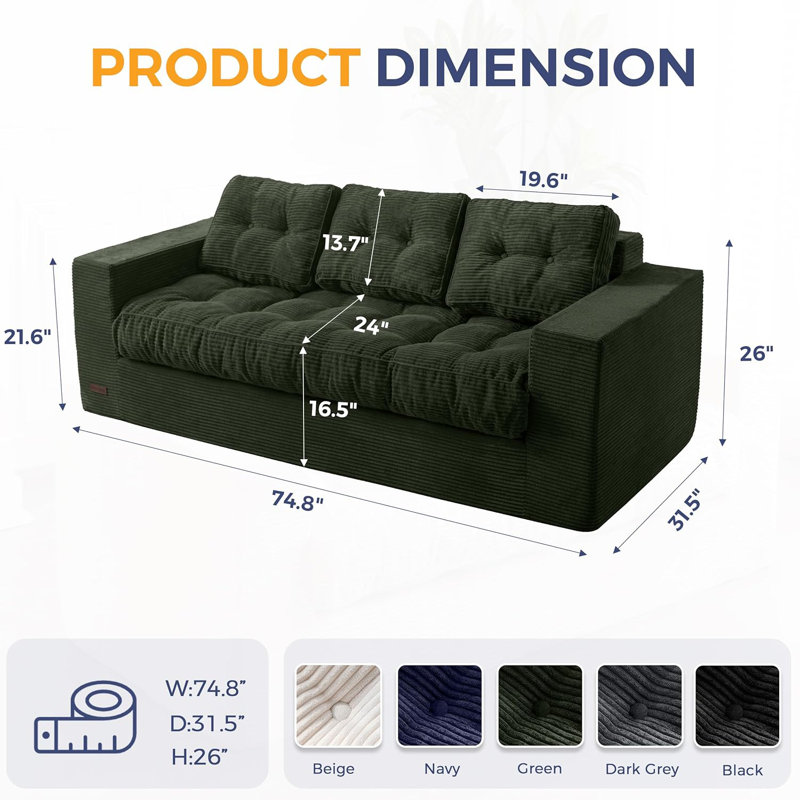Boneless 3 Seater Beige Couch For Living Room Boneless Couch With Tufted Cushion And Backrest Upholstered Floor Sofa