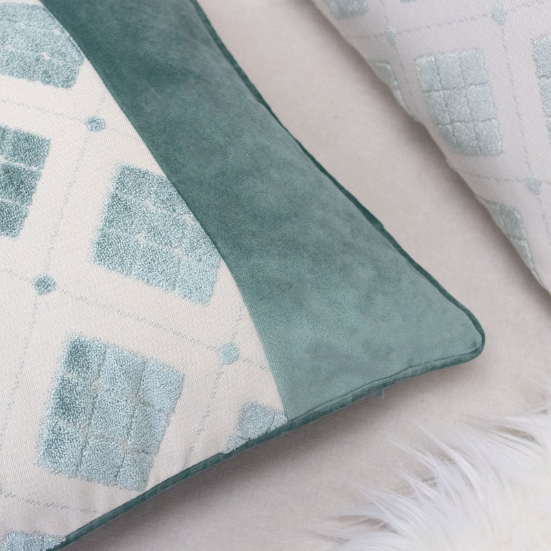 Geometric Velvet Throw Pillow, Green/Cream