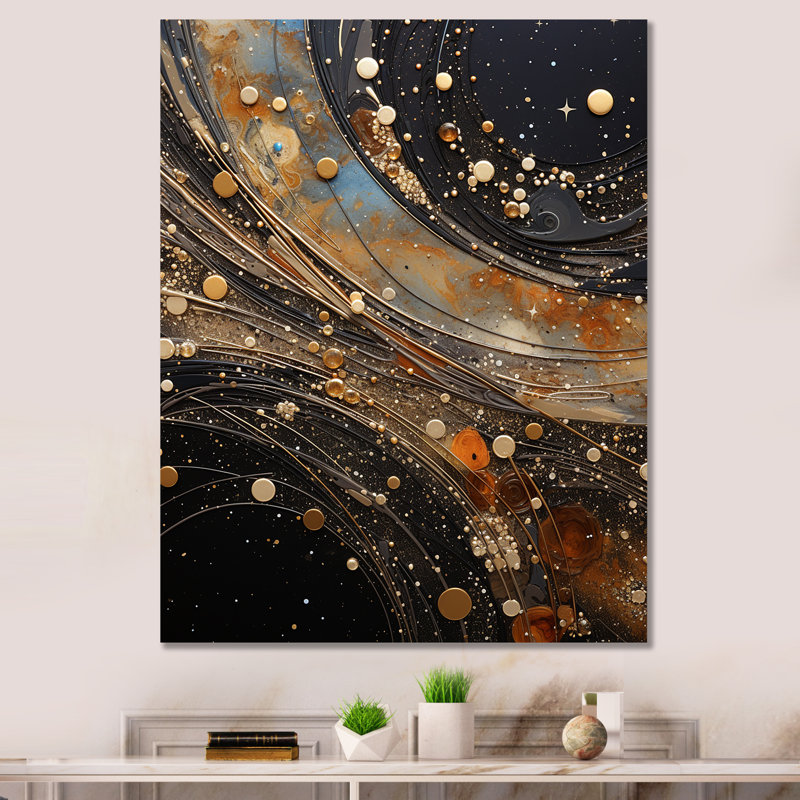 Constellation or étoilé et noir - collages abstraits, impressions d'art mural, Toile tendue, H 20 po x l 12 po