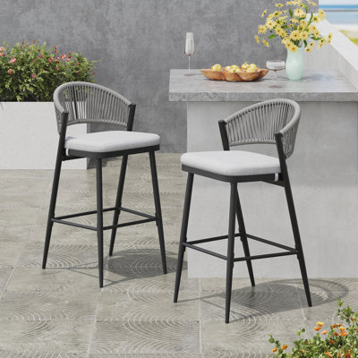 Outdoor 30.25" Seat Height Metal Frame Barstools with PE Rattan Scallop-shaped Backrest, Set of 2, Matte Black
