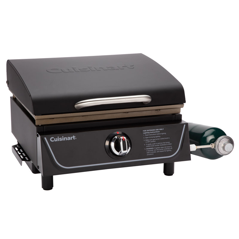 Cuisinart 17” Tabletop Gas Griddle with Hood, Easy Assembly Compact Outdoor Flat-Top Grill with Grease Cup, 255 Sq. In Cooking Space Perfect for Camping, Tailgates & BBQs