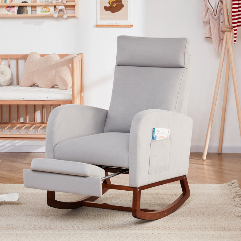 Chaise berçante rembourrée avec repose-pieds et dossier haut, Gris