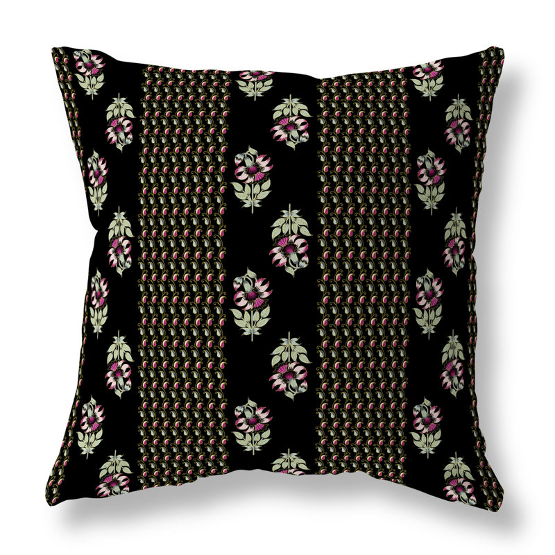 Coussin Anemone, Noir / rose floral / géométrique / cachemire, H 18 po x l 18 po