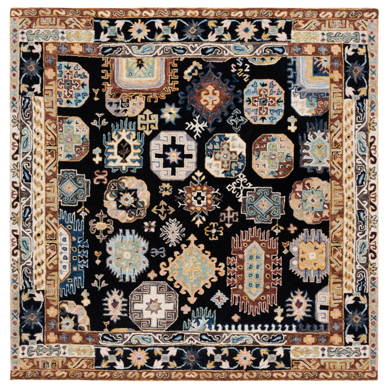 Shanisha Tufted Wool/Cotton Southwestern Rug in Black/Ivory, Square 7'