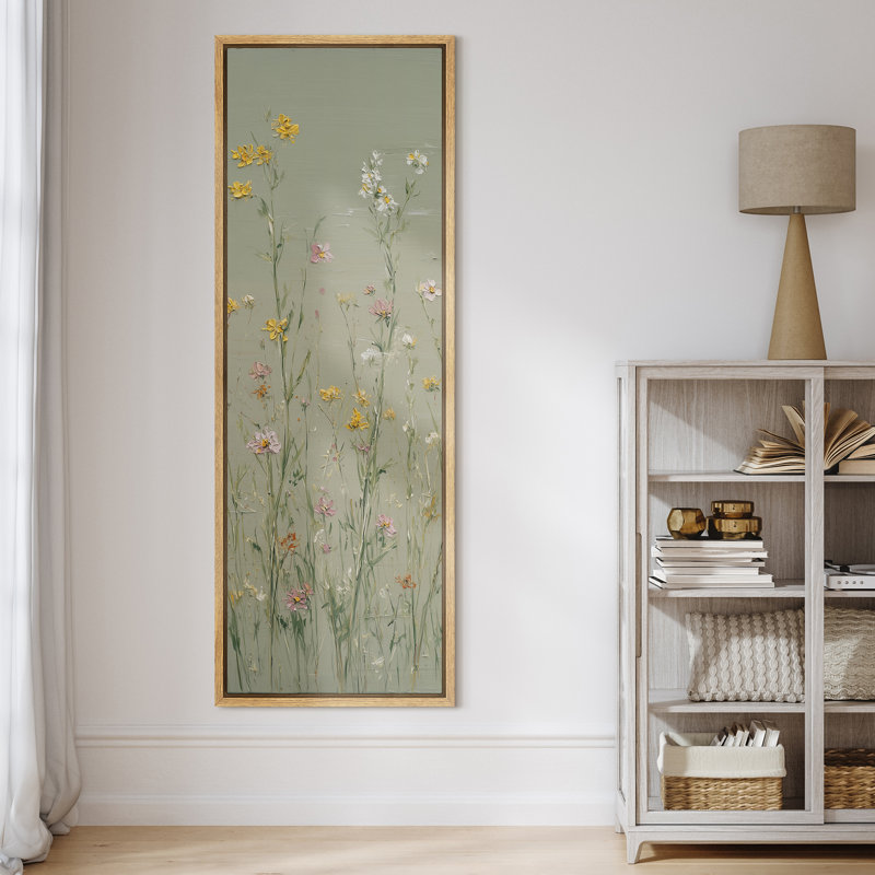 Douces fleurs de prairies pastel douces sur fond vert clair - reproduction d'art sur toile encadrée, Naturel