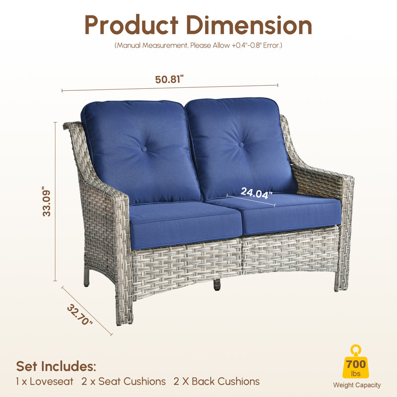 50.8" W 2-Seat Outdoor Patio Loveseat With 3.54" Thick Cushions, Pe Wicker Rattan Sofa With Steel Frame, High Back Tufted Cushion