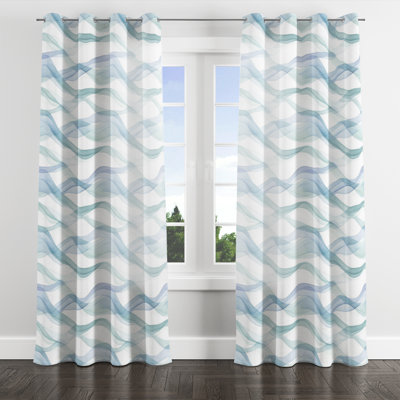 Abstract Room Darkening Curtains - Coastal Wavy Line Blue Sage Grommet Curtain - 1 Panel