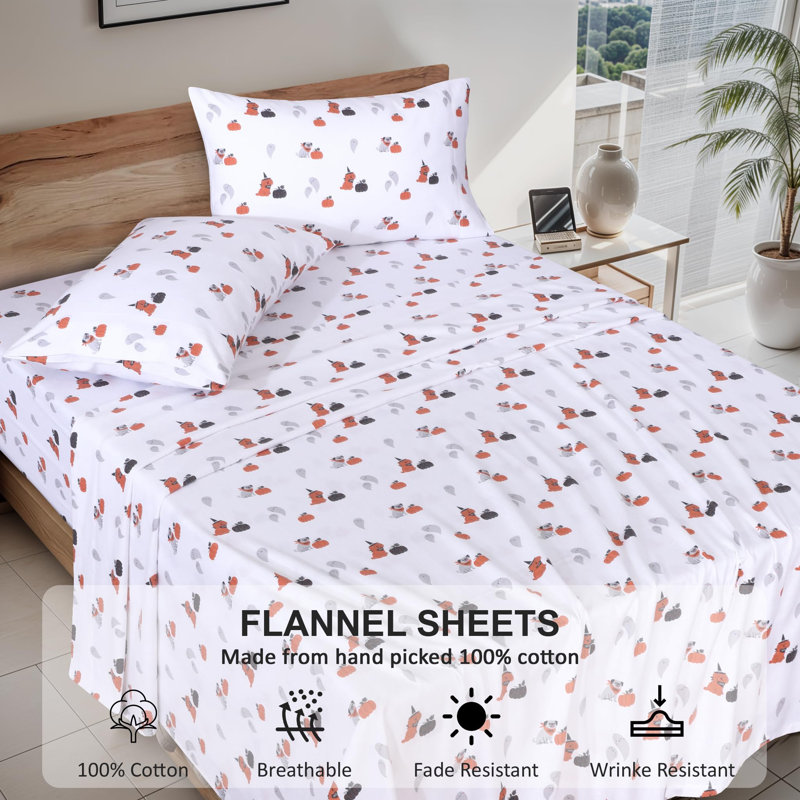 100% Cotton Flannel Sheet Set 4 Piece Warm Cozy Fall Sheets 16 inch Deep Pocket Bed Sheets, Halloween Pumpkin Floral