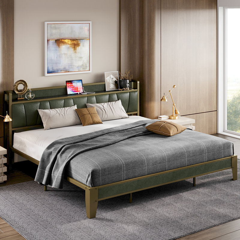 Dark Green Upholstered Platform Bed With Storage Headboard & Charging Station, King