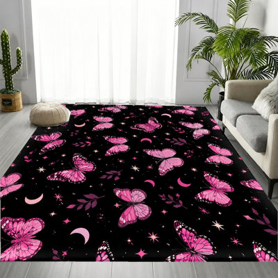 Black Pink Butterfly Star Moon Area Rug, Creative Celestial Pattern, Machine Washable Soft Non-Slip Floor Carpet, Artistic Indoor Home Decor for Living Room, Bedroom, Dormitory, Apartment, Kitchen