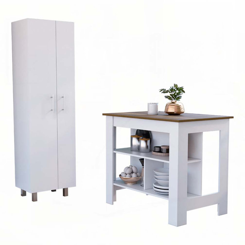 Ensemble de cuisine 2 pièces à 2 tablettes et 9 portes Hayne, îlot de cuisine et garde-manger blanc et noyer