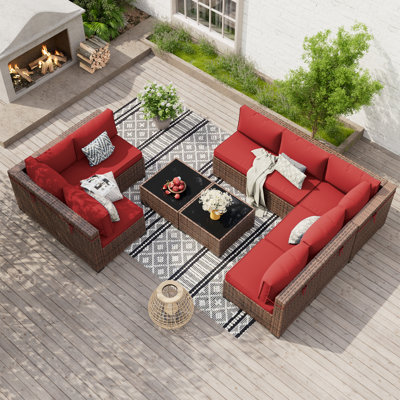 Ensemble modulaire de conversation modulaire en rotin pour 8 personnes avec 2 tables basses