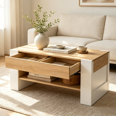 Table basse rustique de style campagnard avec tablette de rangement ouverte, fini grain de bois, table centrale robuste pour salon, appartement, salle familiale, bureau