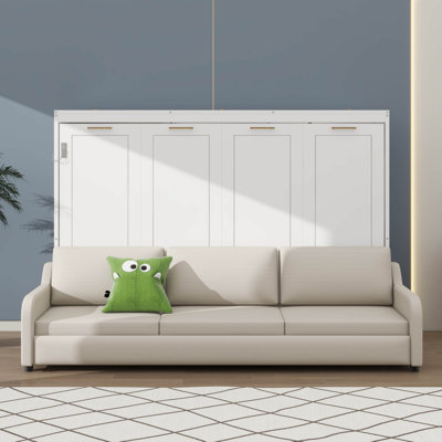 Grand lit escamotable à armoire murale avec canapé pliable, rangement intégré et éclairage DEL