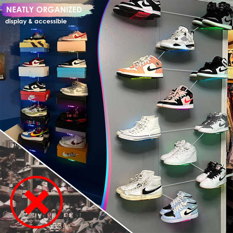 Floating Shoe Display 6-Pack With Remote And App Controls, Music Sync Colour Changing Shoe Shelf For Wall, RGB Colour Changing Levitating Hanging Shoe Rack, Display Your Top Shoes