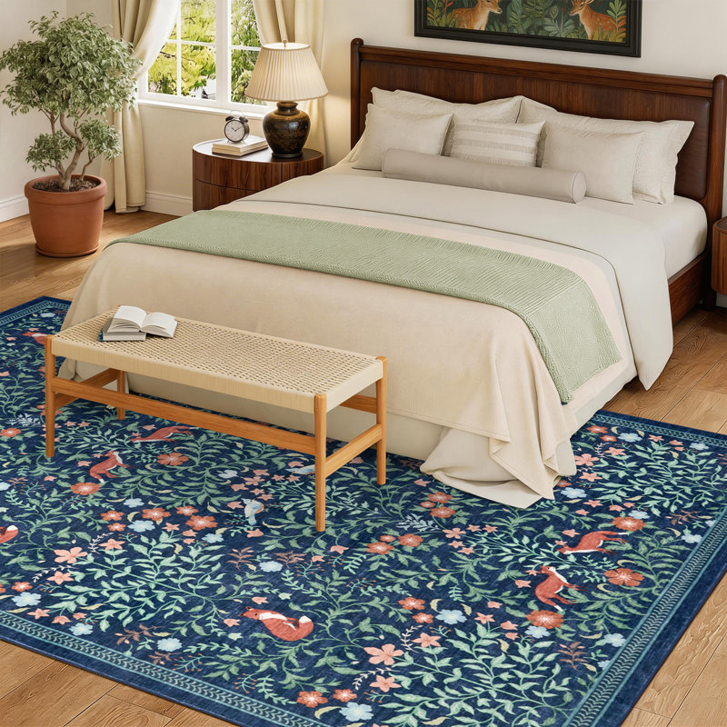 Tapis floral lavable à la machine avec envers en caoutchouc durable pour le salon, Blue, Rectangle 9' x 12'