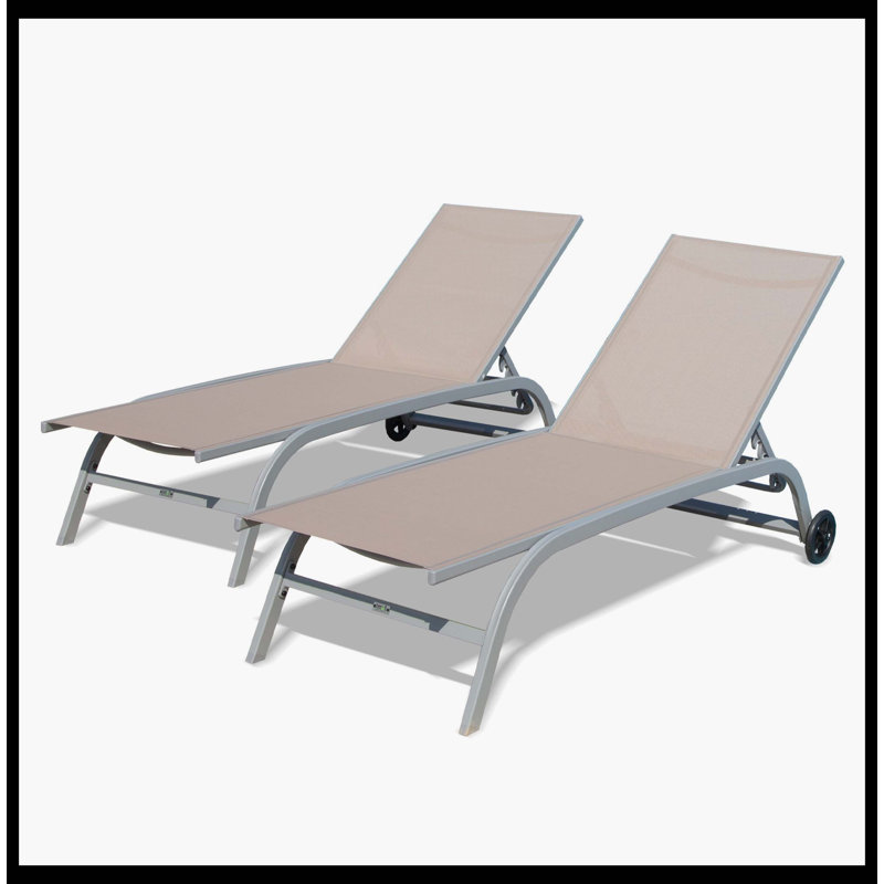 Chaise Lounge Outdoor Set Of 2, Heavy-Duty Lounge Chairs For Outside With Smooth Rolling Wheels, 5-Position Adjustable Outdoor Lounge Chairs, Premium Pool Lounge Chairs For Patio, Beach, Yard, Deck & Poolside (Khaki, 2 Lounge Chairs)