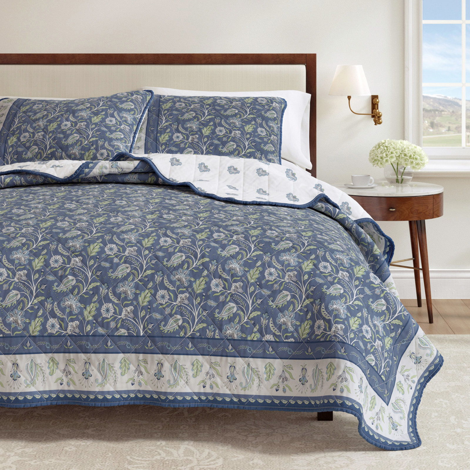 Floral Cotton Quilt Set, Blue Floral, King Quilt + 2 King Shams