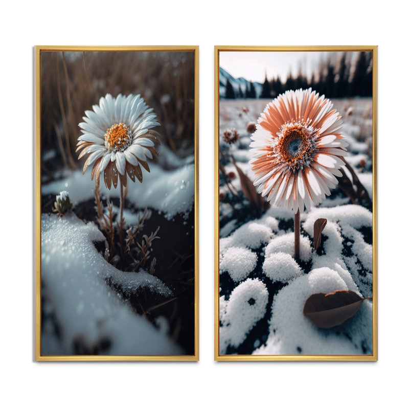 «A Daisy Flower Blooming Winter», 2 pièces sur toile, H 32 po x l 32 po, Encadrement brun