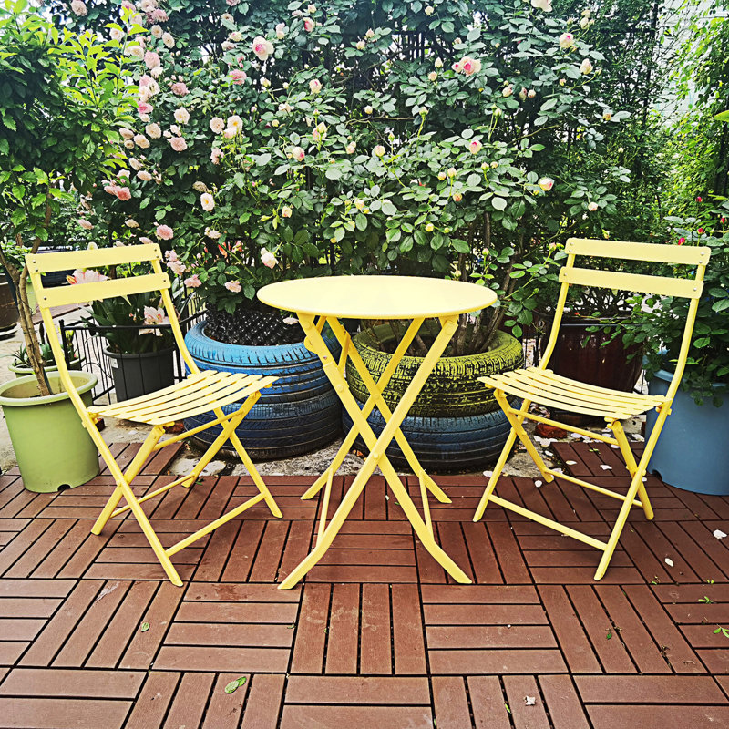 3 Piece Patio Bistro Set, Foldable Round Table And Chairs, Yellow