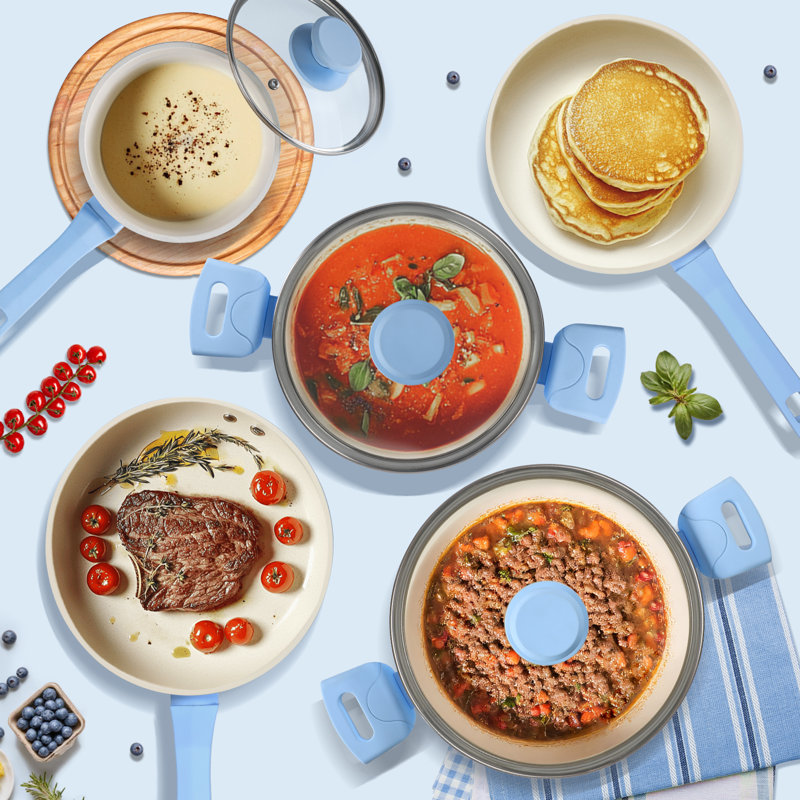 Ensemble de 11 casseroles et poêles antiadhésives en céramique bleues 11 pièces, convenant à l'induction, poignées qui restent froides, couvercles en verre, casseroles et poêles à frire, va au lave-vaisselle