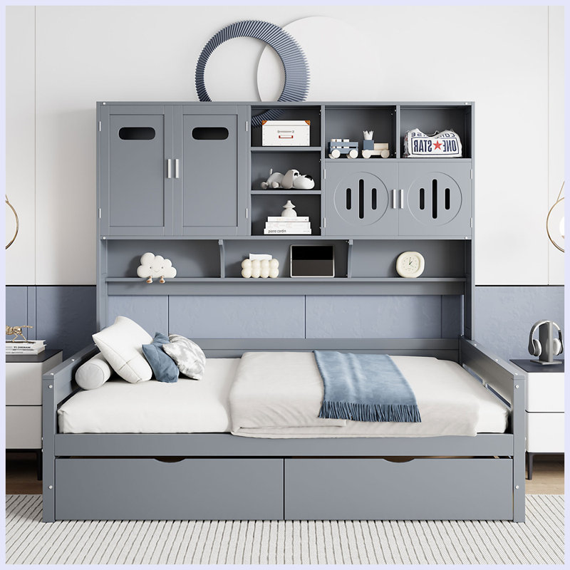 2 Drawers Daybed With Bookcase And Cabinet, Gray, Full