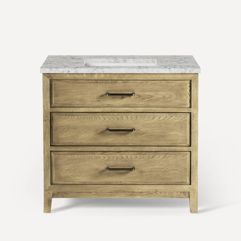 Meuble-lavabo 36 po avec plateau en pierre de quartz Chestnut Hill, Pierre, Bois de chêne flotté patiné, Fer noir