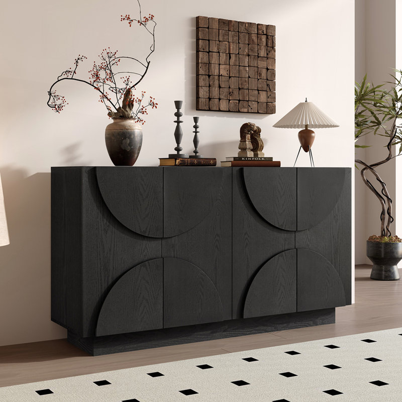 4-Door Large Storage Sideboard Wood Sideboard Cabinet with Semi-Circular Handles and Adjustable Shelves for Dining Room