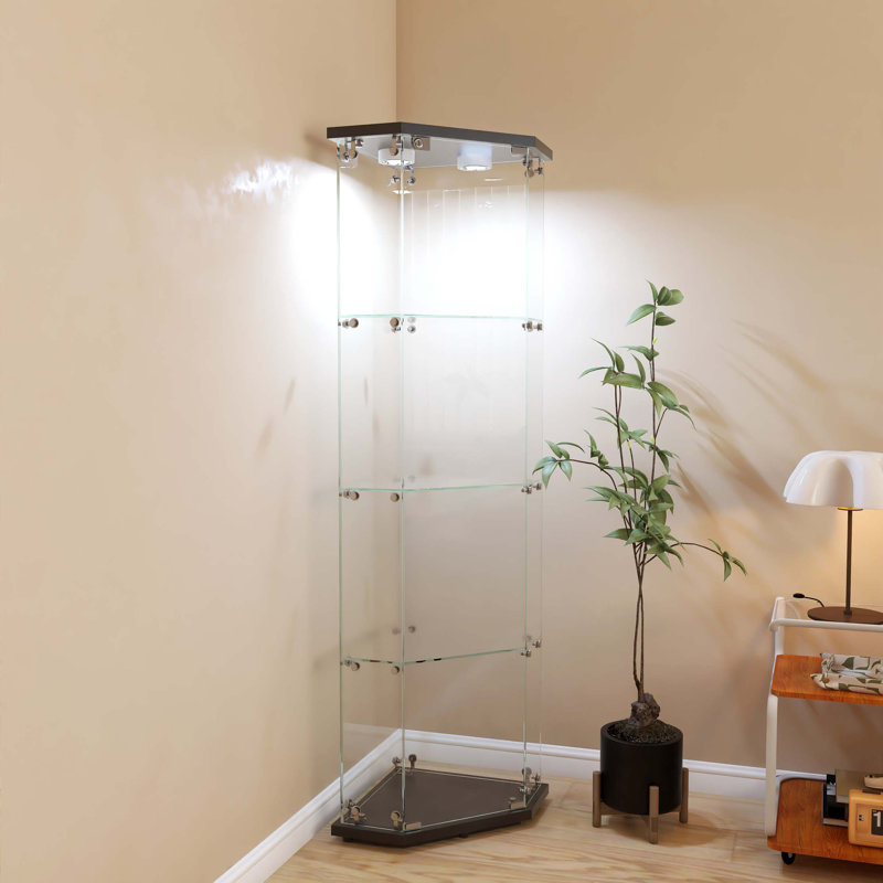 Illuminated Corner Glass Display Cabinet with 4 Shelves