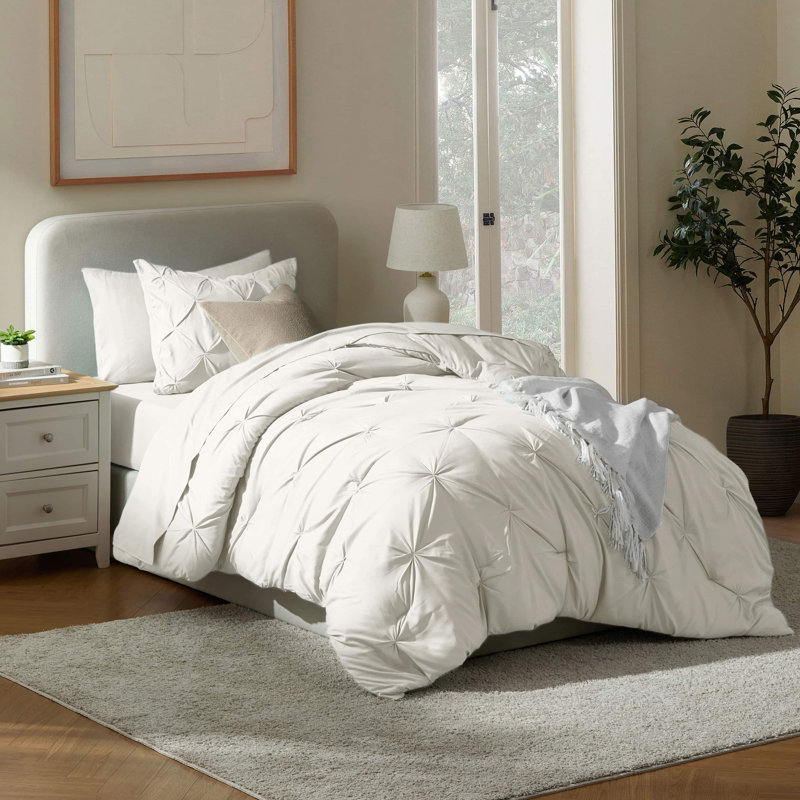 Bed-in-A-Bag Pleated Comforter Set with Bed Sheets, Off White, Twin Comforter + 4 Additional Pieces