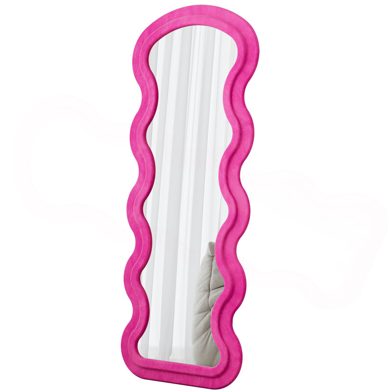 Flannel Full Length Wave Floor Mirror With Stand For Bedroom Living Room Hanging Or Against The Wall, Rose Pink