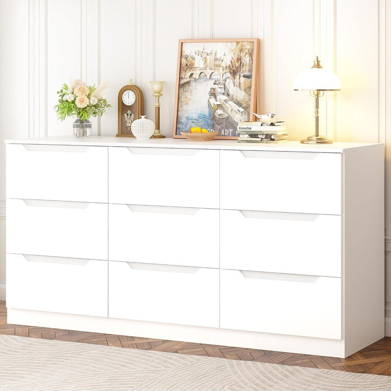 9 Drawer  Dresser, Modern Storage Cabinet for Bedroom, Chest of Drawers Wood Organizer for Living Room, White
