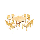 8 Seats 9 Pcs Grade-A Teak Wood Dining Set: 60" Square Rectangle Butterfly Table And 8 Leveb Stacking Arm Chairs
