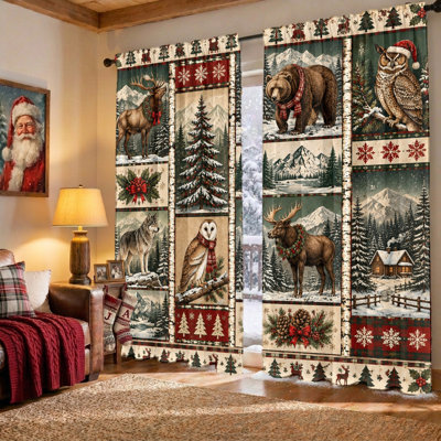 2 rideaux de collage de la faune hivernale, imprimé d'animaux de la forêt rustique rétro et de scènes de neige, tissu filtrant la lumière, protection de la vie privée, conception à passe-tringle, lavable à la machine, pour le salon, la chambre à coucher, le balcon, les fêtes de décoration intérieure