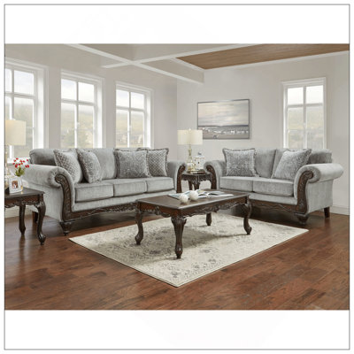 Carved Wood Frame Gray Sofa And Loveseat Set With Elegant Design And Comfortable Chenille Upholstery