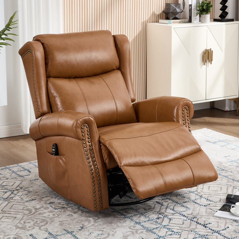 34.8"W Genuine Leather Manual Swivel Rocker Recliner Vintage Recliner With Heated Massage, Caramel