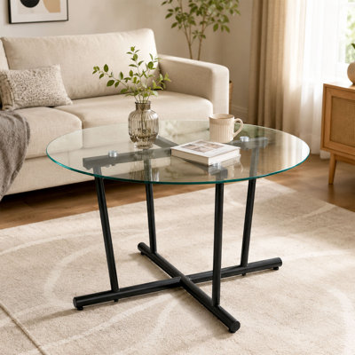 Table basse 27,56 "ronde en verre trempé transparent avec pieds en métal