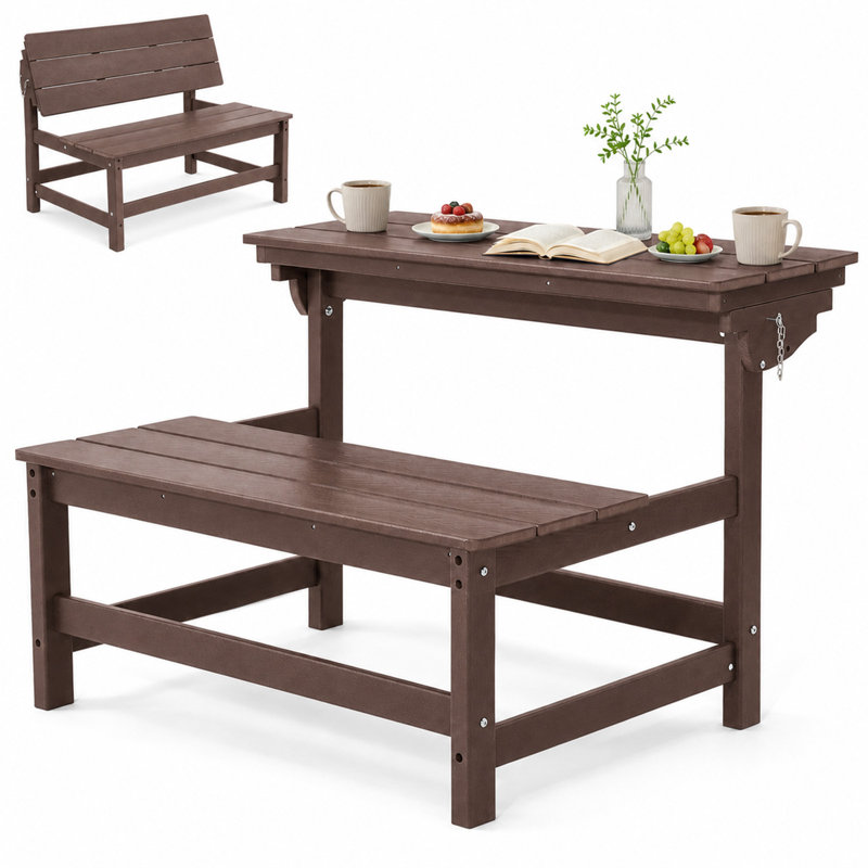 Banc de jardin convertible en PEHD 2 en 1 et table de pique-nique, Brown