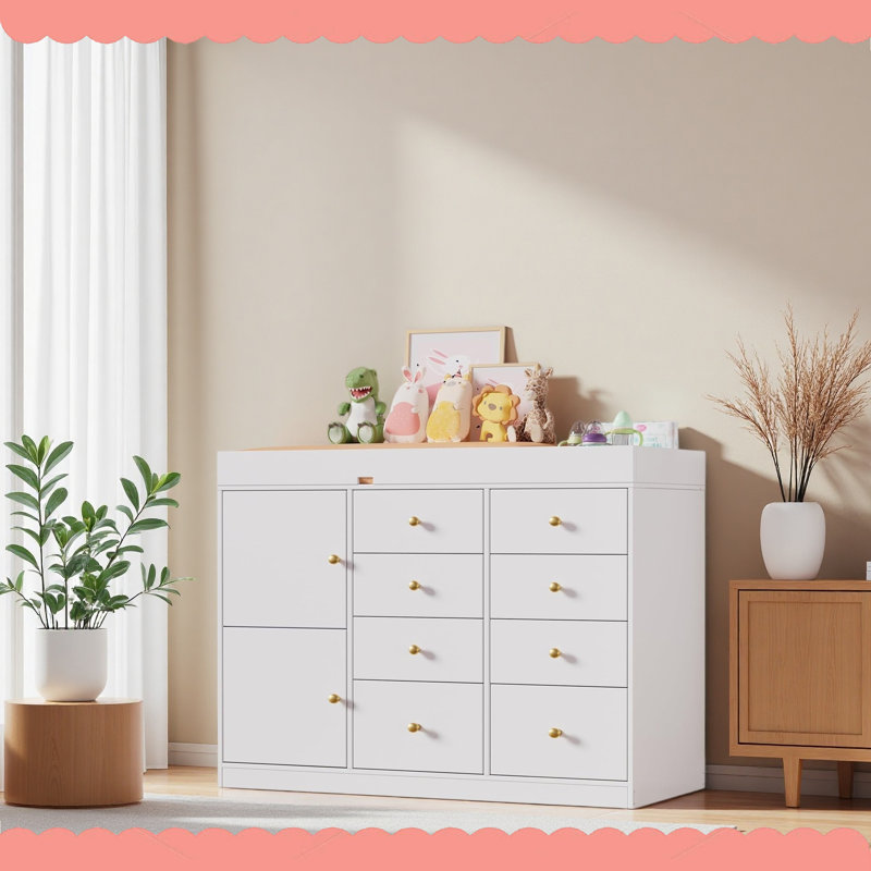 Commode de chambre de bébé classique avec 8 tiroirs et 2 armoires, table à langer multifonctionnelle pour bébé, table à langer pour chambre d'enfant