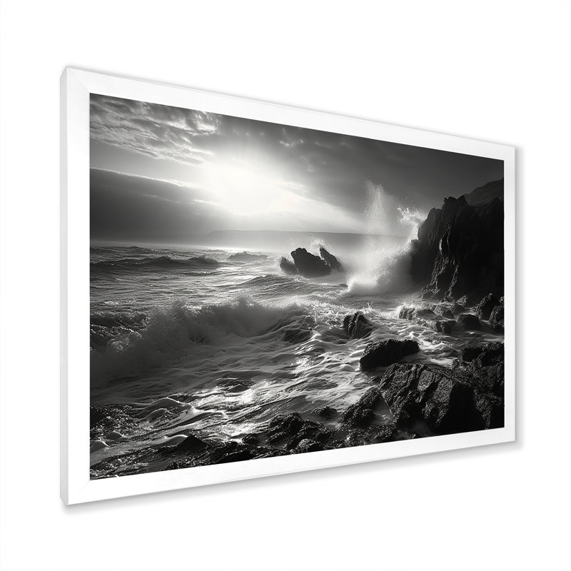Paysage de plage rocheuse sur toile, Cadre simple blanc, H 34 po x l 44 po x P 1,5 po