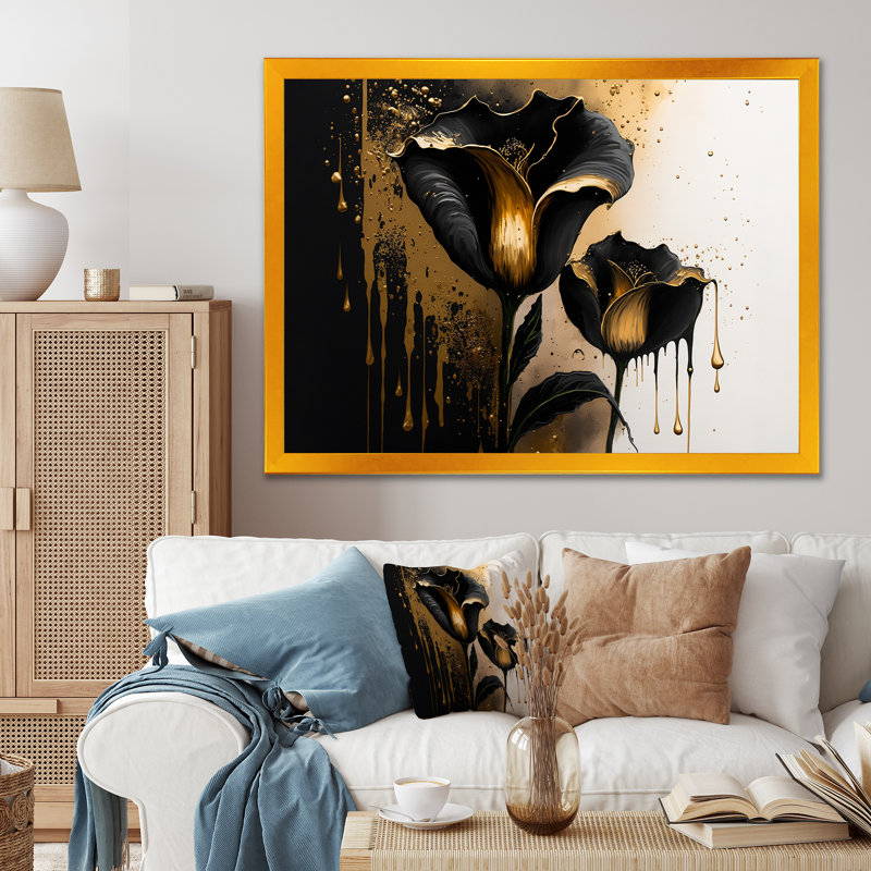 Décoration murale noire et dorée Cally Lillies - Calla Lily, Cadre doré simple, H 16 po x l 32 po x P 1 po