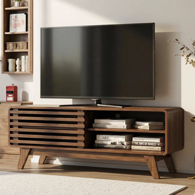 Viremont 46" TV Stand with Storage – Mid Century Modern Media Console, Farmhouse Entertainment Center with Slatted Sliding Doors – Walnut, Cable Management, Fits TVs up to 50" – Living Room, Bedroom