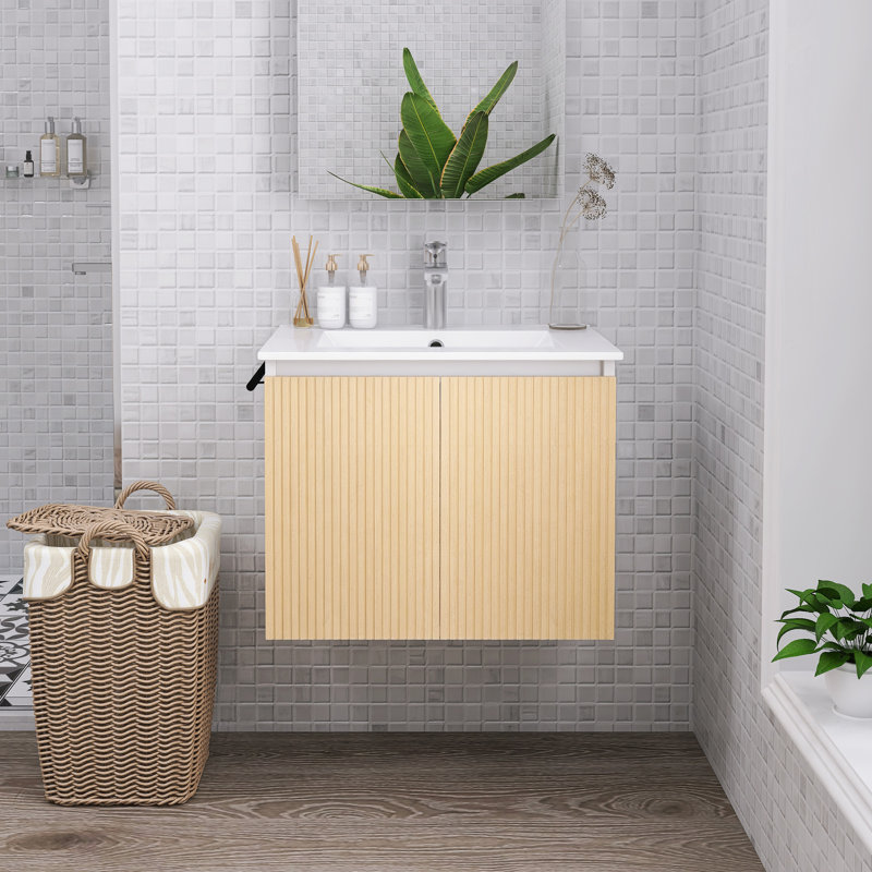 Meuble-lavabo mural 24 po avec lavabo en céramique et porte-serviettes, Jaune / Blanc